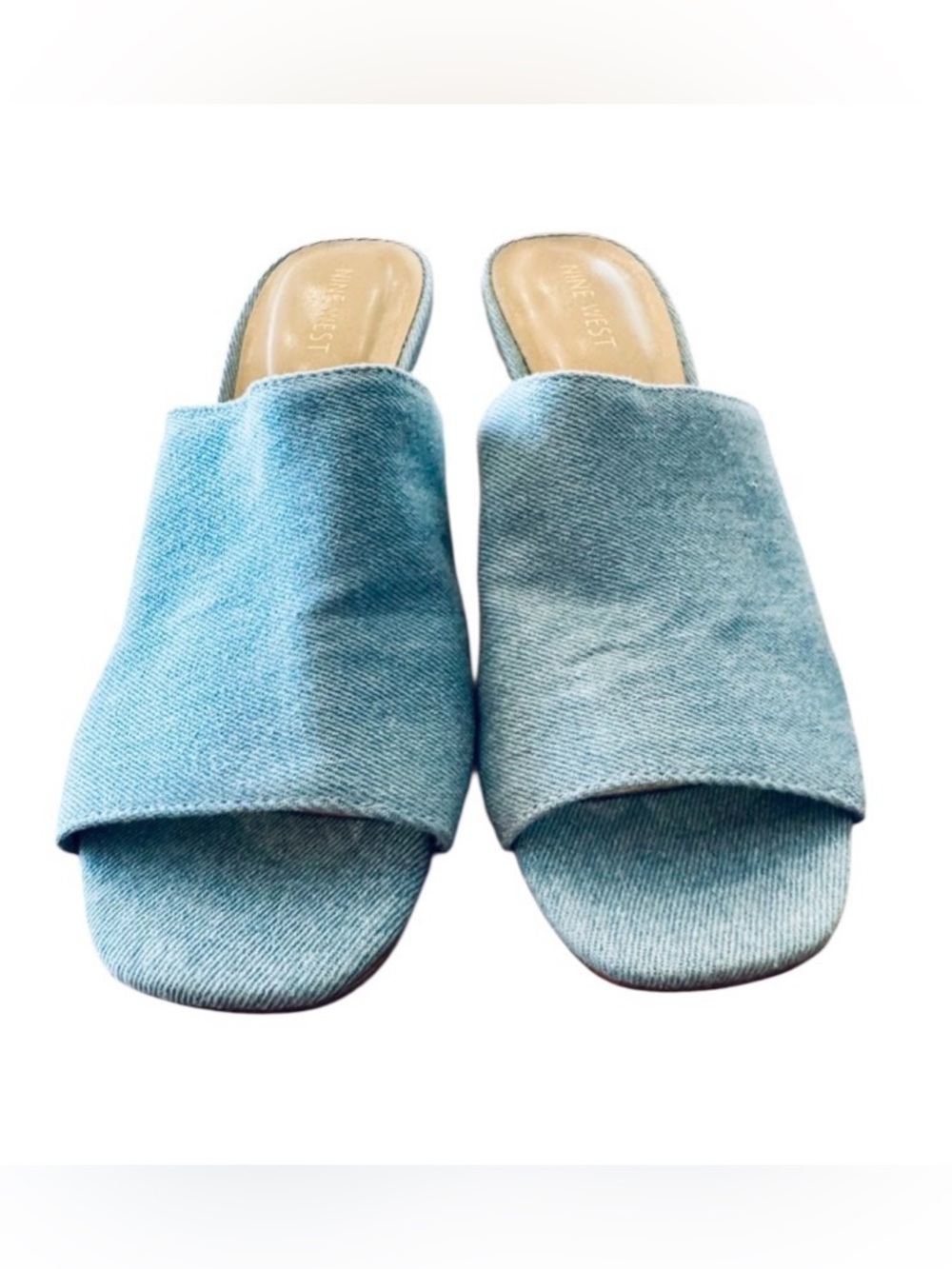 NWT Nine West size 9.5 Denim Blue Jean Slides Mules Block Heel Scandi Normgirl - Picture 5 of 11
